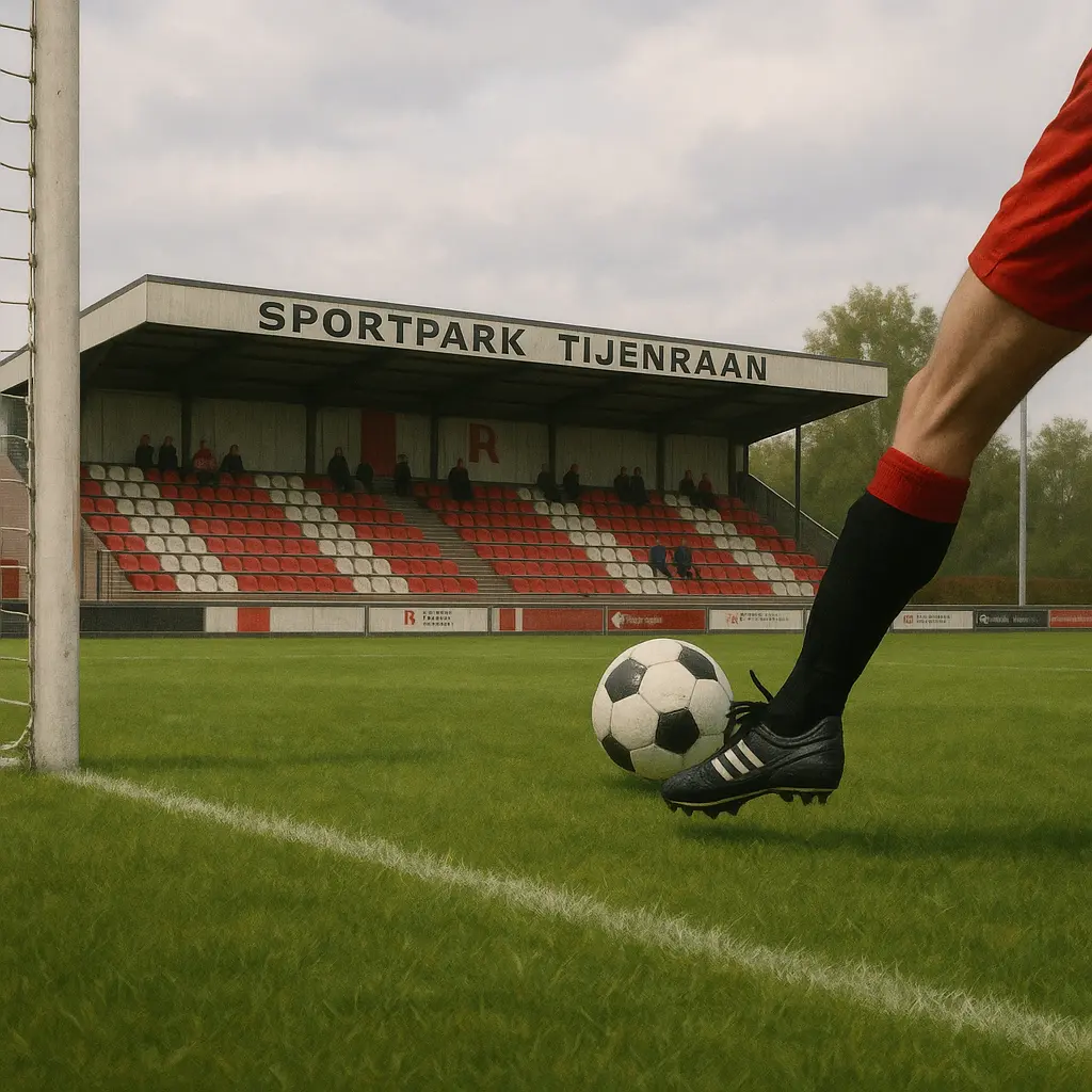 Voetballer schiet een bal bij het doel op Sportpark Tijenraan, met de tribune van Rohda Raalte op de achtergrond.