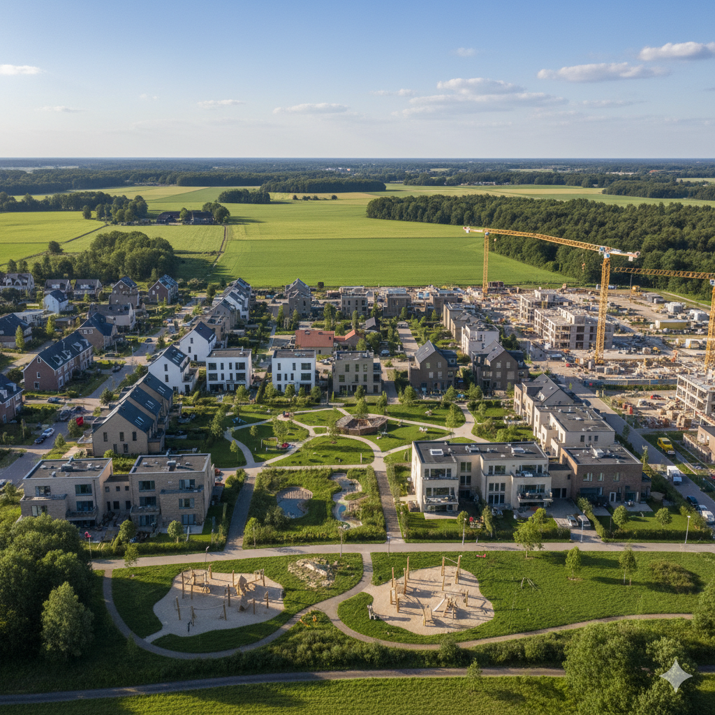 Een luchtfoto van een nieuwe woonwijk in Raalte met moderne woningen en groen in een landelijke omgeving.